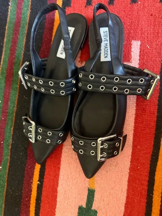 Steve Madden Black Buckle Leather Flats - Picture 2 of 5